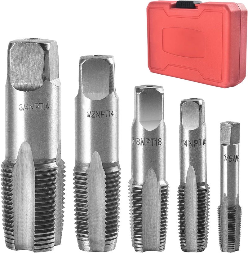 Funnytek 5-Pieces NPT Pipe Tap Set, 3/4", 1/2", 3/8", 1/4", 1/8" NPT Taps Carbon Steel Pipe Tap Set for Clean Accurate Threads with Storage Case Perfect for Plumbers Mechanics DIYers - Image 1
